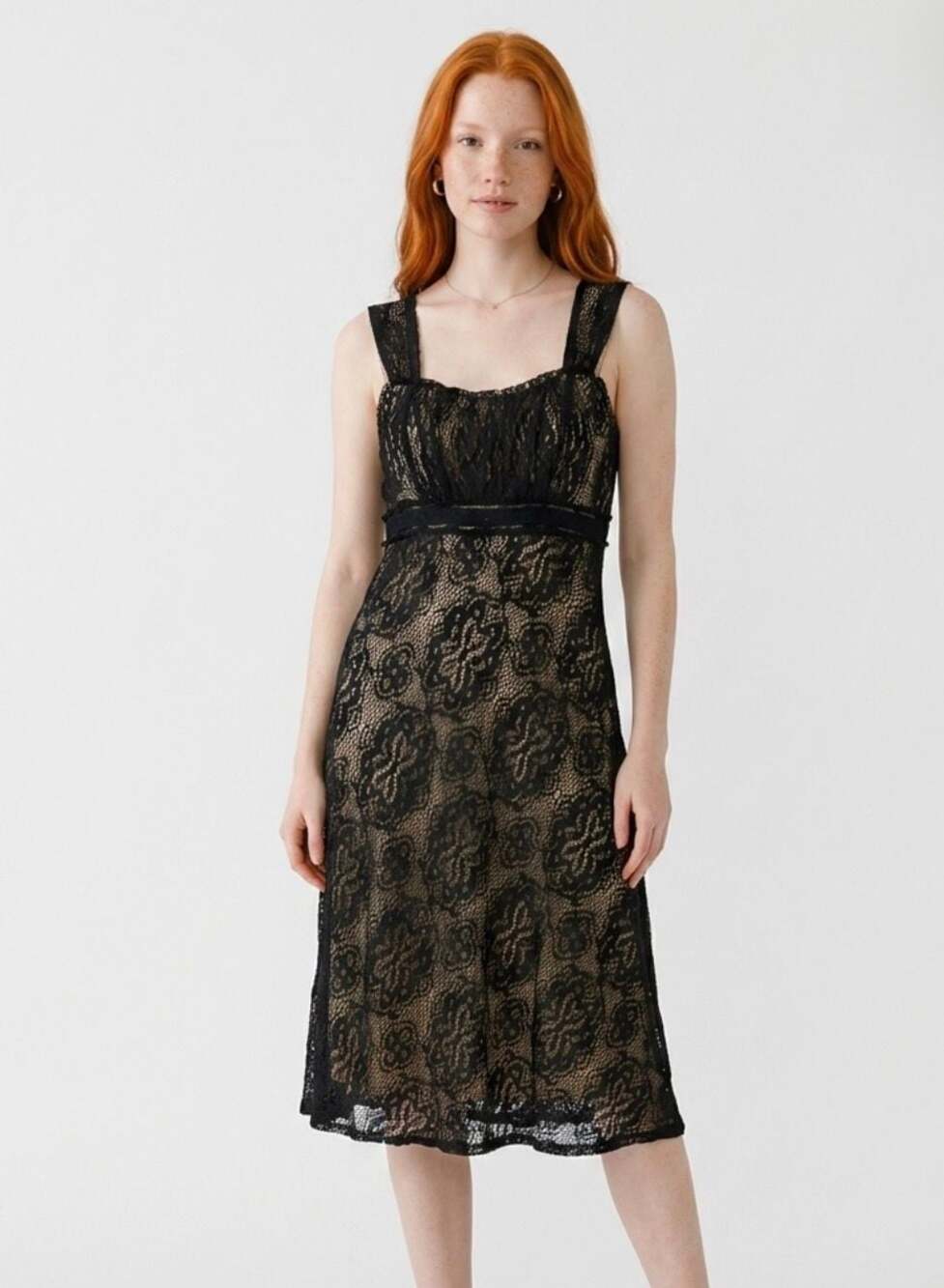 Bandolino Black Floral Lace Overlay Midi Dress with Nude Lining Size 10